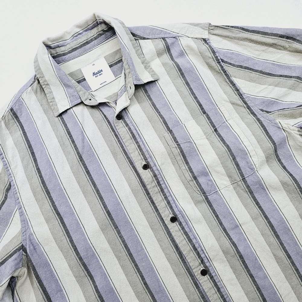 Katin Shirt Mens Large Striped‎ Short Sleeve Button Up Cotton Linen Summer Beach